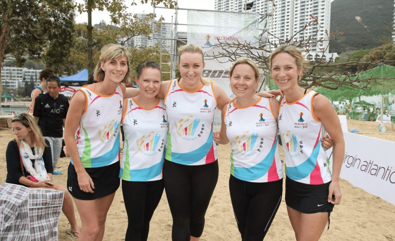 The Hong Kong Greeters netball team at Hong Kong Beach 5's