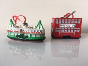 Hong Kong Christmas tree decorations by Lion Rock Press of Star Ferry and Ding Ding tram Hong Kong.