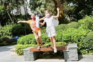 kids jumping from bench