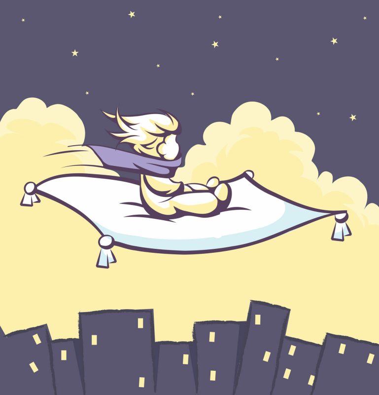 kid on magic carpet flying over city